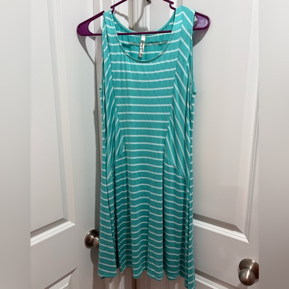 Promesa Teal and White Striped Midi Dress